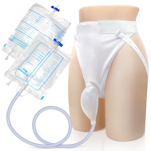 Catheter for Men, Urine Collection Bag for Elderly Men Male Age 80, Reusable Portable Silicone Urinal with 2 Bags (White-Men)