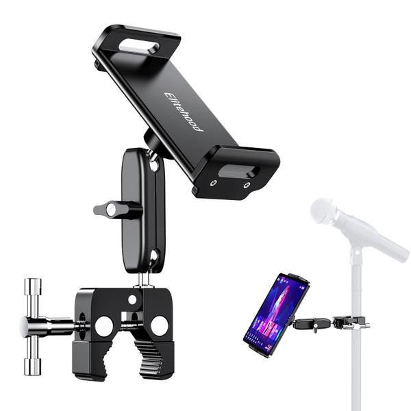 elitehood Aluminum Dual Ball Head Tablet Holder for Mic Stand, Adjustable iPad Mic Stand Holder, Side Mount Microphone Music Stand Phone Holder Mount for iPad, iPhone,4, 7-12.9in Tablets