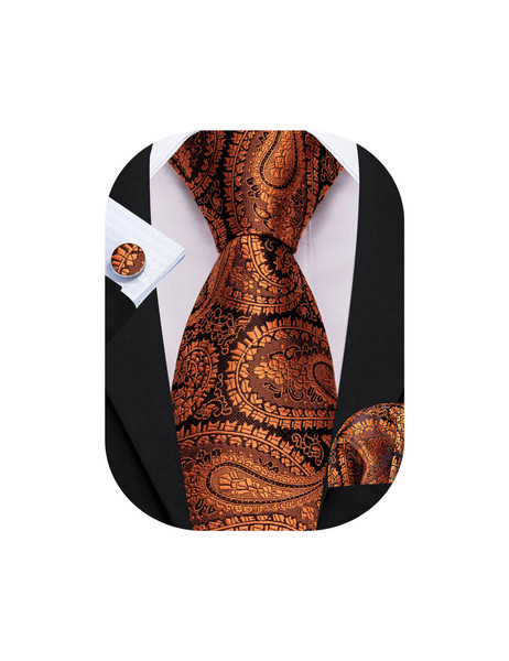 Barry.Wang Terracotta Black Tie for Men Paisley Silk Necktie Pocket Square Cufflinks Formal Wedding Party Business
