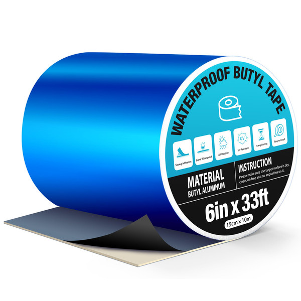 360Tronics Blue Waterproof Butyl Tape, 6 in x 33ft - W x L, Self Adhesive Butyl Rubber Sealant Tape for RV Repair, Metal Roof Sealing, Pool Cover, Awning, Pool Liner, Window Patching & Boat Leaking