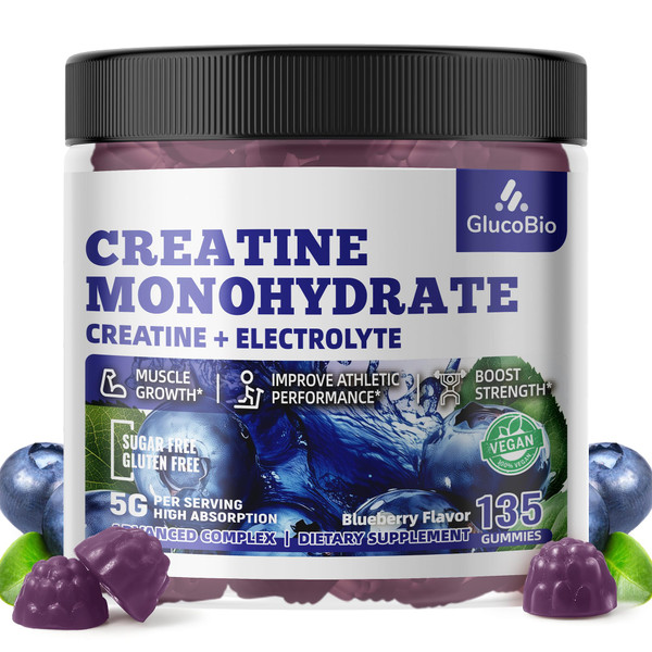 GlucoBio Creatine Monohydrate Gummies (5g) – Pre-Workout Energy & Muscle Growth Support for Men & Women | Blueberry Electrolyte Gummies (135 Count)