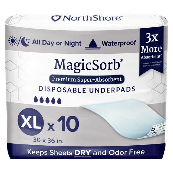 NorthShore MagicSorb, 30 x 36, 60 oz., Super-Absorbent Disposable Underpads, X-Large, Pack/10