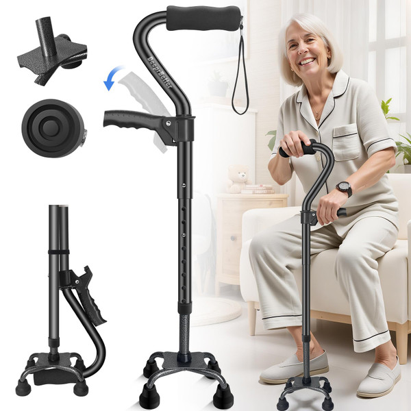Quad Cane, 4 Prong Walking Cane for Men & Women, Heavy Duty| Adjustable Walking Canes for Seniors Balance, Self Standing Cane with Ergonomic Handle(330lb)