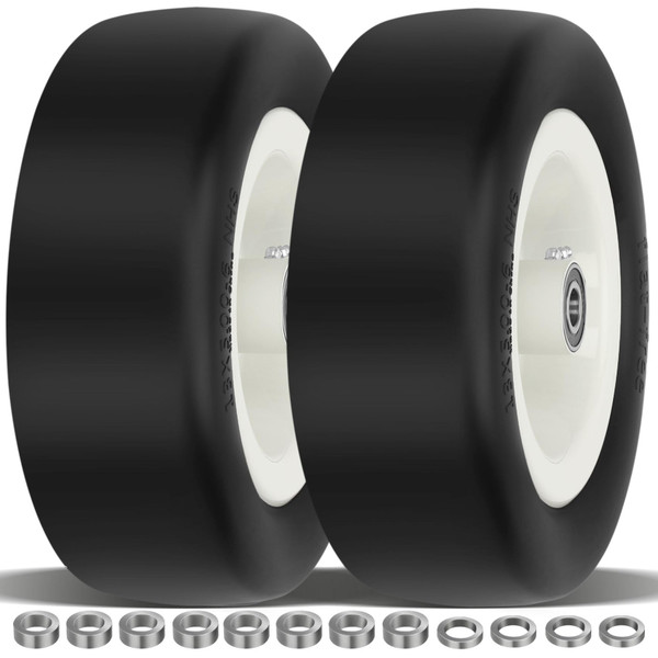 2 Pcs 13x5.00-6 Flat Free Tire and Wheel with Reinforced Rim and 3/4" Chrome Steel Bearings, 13x5x6 Lawn Mower Tires for Residential and Commercial, Zero Turn Mower Front Tires, 4.2"-6.2" Centered Hub