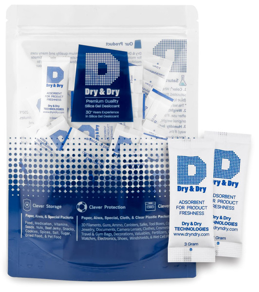 Dry & Dry 3 Gram[100 Packets] Food & Pharmaceutical Safe Silica Gel Packs Desiccants - Rechargeable Tyvek® Silica Gel Packets, Moisture Absorbers, Desiccants Packets, Silica Gel