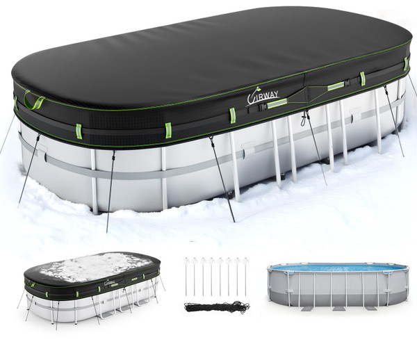 UIRWAY 12x24 FT Winter Oval Pool Cover with Reflective Strips for Above Ground Pool, Oval Solar Pool Cover Including Windproof Rope Tie and Luminous Ground Nails, Swimming Pool Cover with 2 Handles