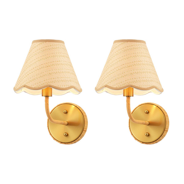 Elycucpa Boho Hand Woven Rattan Wall Sconces Set of Two Rustic Industrial Wall Lamp Brass Farmhouse Wall Lights for Bedroom Living Room Hallway Vanity, Dia 11”, UL Listed