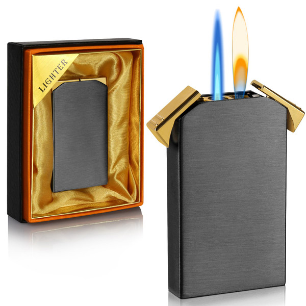 Kantion Dual Flame Lighter - Switchable Torch & Soft Flame, Refillable Butane, Cool Pipe Lighters - Unique Gifts (Black, Without Fuel)