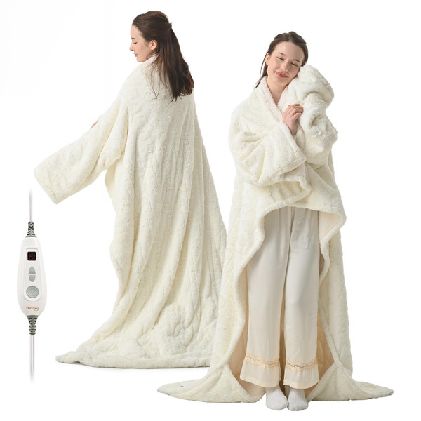 Bearhug Wearable Heated Blanket with Foot Pockets & Sleeves - Faux Fur & Sherpa, Heated Snuggle Blanket for Bed & Sofa, 6 Heating Levels, 4H Auto-Off,White Cloud