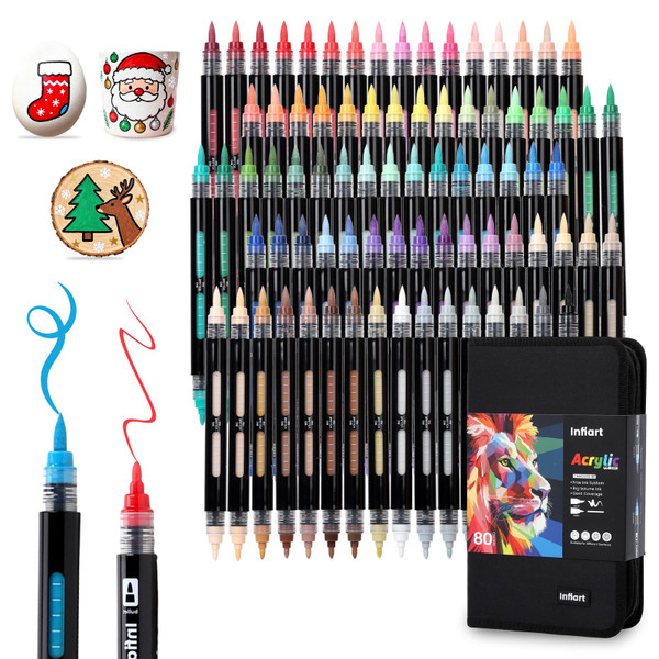 Infiart 80 Colors Dual Tip Acrylic Paint Markers Automatic Ink Control Acrylic Paint Pens, Fine & Brush Tip Acrylic Markers Set for Christmas Decorations, Glass, Stone, Wood, DIY & Art Supplies