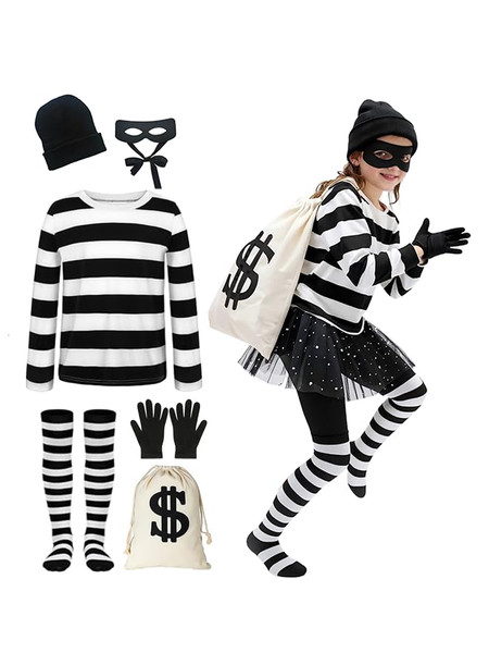 Robber Costume Set for Girls Cosplay Thief Accessories for Halloween Party Black and White Striped Knit Beanie Cap Cosplay Burglar Accessories(12-14years)
