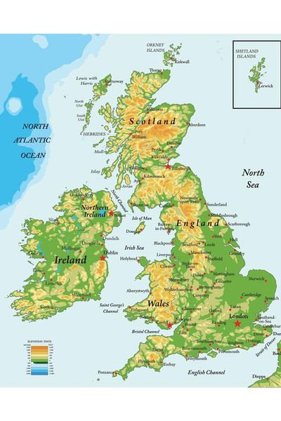 Laminated United Kingdom Ireland Scotland Topographical City Atlantic Ocean Map Poster Dry Erase Wall Art 16x24