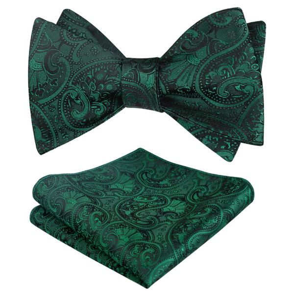 Alizeal Mens 2pcs Paisley Jacquard Tuxedo Self Bow Tie with Hanky Set for Wedding Party, Dark Green