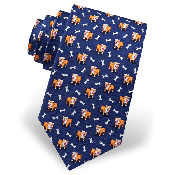 Men's 100% Silk Fetchin Bulldog Dog & Bones Animal Tie Necktie (Navy Blue)