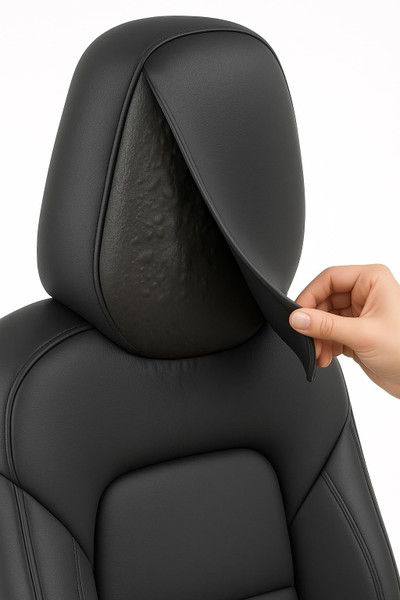 Tesla Headrest Protector - Leather Adhesive Cover for Model 3 & Model Y - Anti-Bubbling Head Support Solution - No Pillow Needed