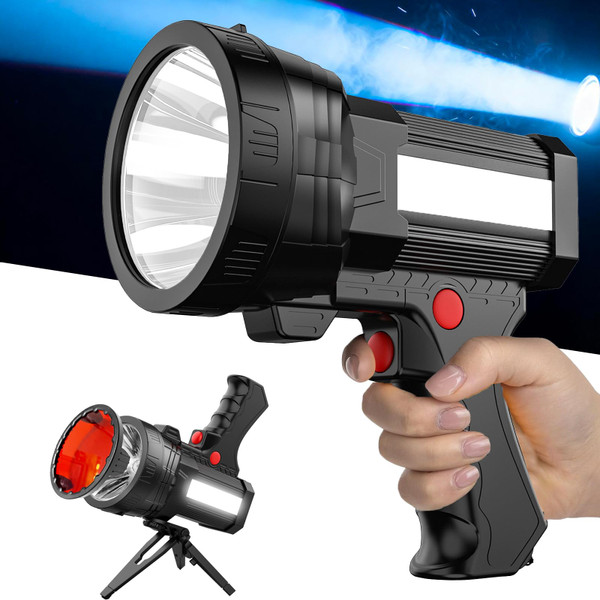 BIGSUN Q953 Rechargeable Spotlight Flashlight, 100,000 High Lumen LED with COB Flood Light, Built-in 10,000 mAh Li-Ion Battery for Patrol, Working, Hunting, Red Lens and Hands-Free Tripod Included