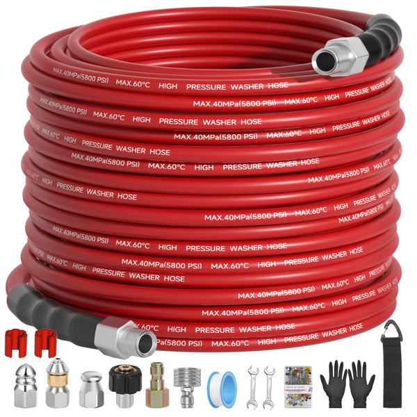 VIVIDWASH 100FT Sewer Jetter Kit for Pressure Washer 5800PSI,1/4" NPT Drain Jetter Hose with 1/4" Quick Plug,3 Sewer Jet Nozzles,Spanners Teflon Tape Gloves and Spray Nozzle for Cleaning VIVIDWASH 100FT Sewer Jetter Kit for Pressure Washer 5800PSI,1/4" NPT Drain Jetter Hose with 1/4" Quick Plug,3 Sewer Jet Nozzles,Spanners Teflon Tape Gloves and Spray Nozzle for Cleaning