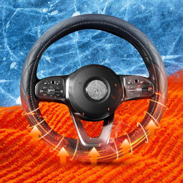 Heated Steering Wheel Cover - WARMITORY Luxury Steering Wheel Heater, 12V Quick Hand Warmer, 14.5-15 inches Outer Diameter for Standard-Size Car Steering Wheels, Black (Leatheret PU)