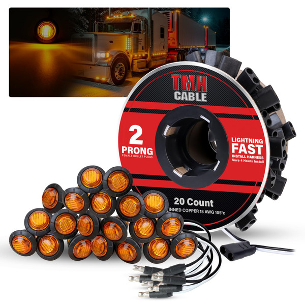TMH 20 Pcs 3/4 Inch Side Marker Amber Lights with Connector Plug + 2 Pin Continuous Wire Harness Roll, Mix Pack for Plug and Play Hassle-Free Installation for Truck Trailer RV Pickup