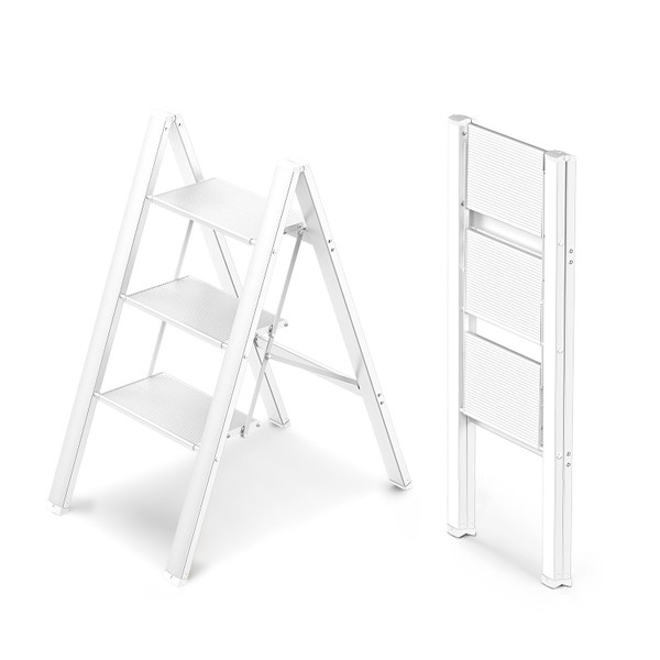 WOA WOA 3 Step Ladder, Foldable Step Stool, Aluminum Lightweight Ladder for Home Kitchen Closet, Anti-Slip Pedals, Ease of Folding, Portable, 300lbs Capacity - White
