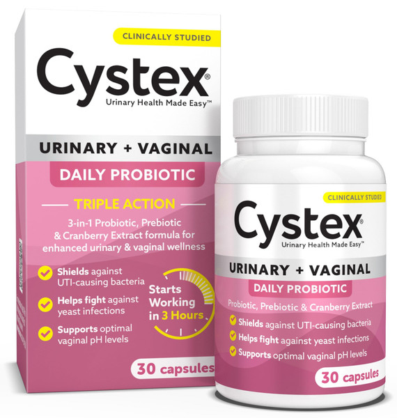 Cystex 3-in-1 Urinary Tract Probiotic for Women - Fast-Acting UTI & Yeast Infection Support with Prebiotics, Probiotics, & Cranberry - Supports Vaginal pH & Flora Balance - 30 Capsules