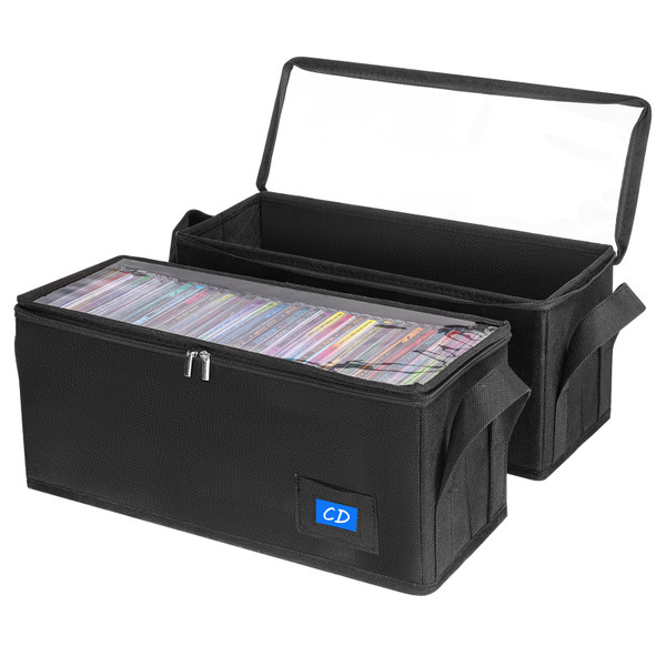 BOATISLE CD Case Holder with Handles and Clear Lid, 2-Pack Black – CD Storage Box with Label Slots, Portable Organizer for Media Collection and Efficient Storage