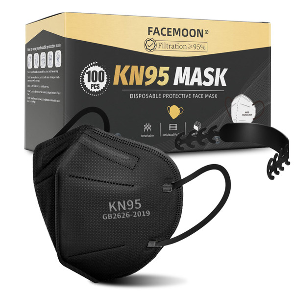 KN95 Face Masks Black Adults - 100 Pack Disposable Masks Comfortable 5-Layer Safety Face Masks & 5 Adjustable Masks Extender Masks Large Size