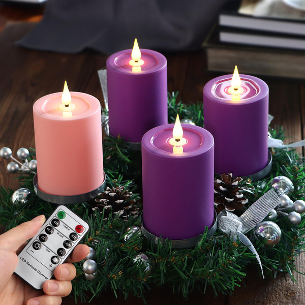 Yunsheng Flameless Advent Candles Purple and Pink, 5 Inch Battery Operated LED Pillar Candles With Remote Timer, 350+ Hours Long Lasting for Christmas Rituals and Wreath, Set of 4