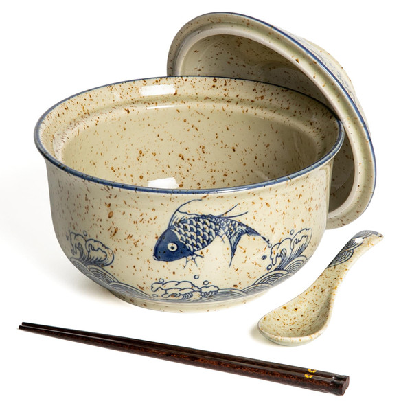 Niturceal Ceramic Ramen Bowl Set Ramen Noodle Bowl with Lid 27oz Japanese Retro Style Soup, Pho, Udon Bowls, Matching Spoons and Chopsticks for Microwave & Dishwasher Safe, Fish