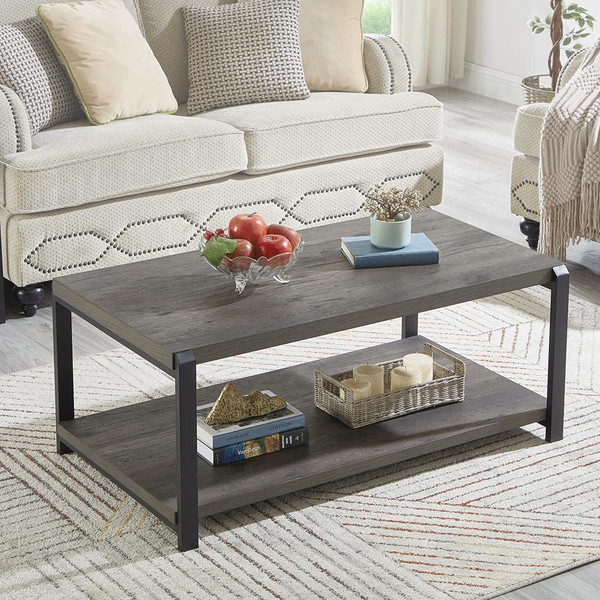 EXCEFUR Coffee Table with Storage Shelf, Rustic Wood and Metal Cocktail Table for Living Room, Grey