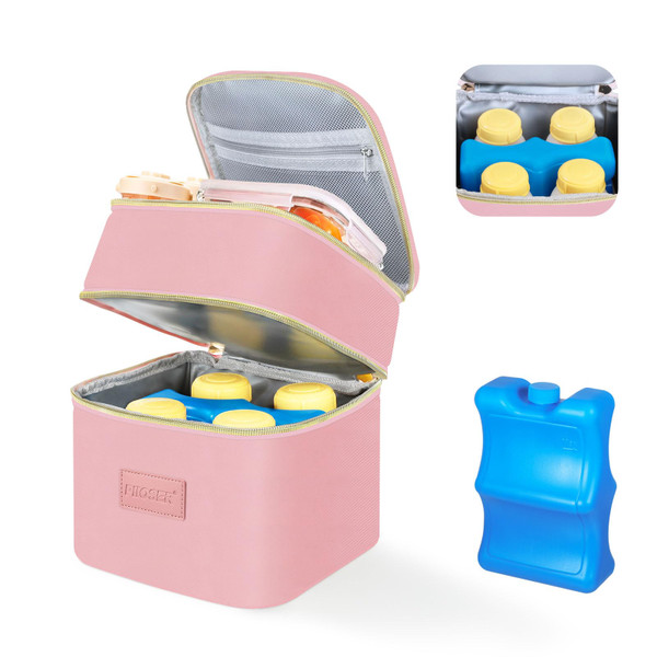 PIIOSER Insulated Baby Bottle Tote Bags with Ice Pack, Fits 4 Baby Bottles Up to 5 Ounce, Portable Breastmilk Cooler Travel Bag with Buckle for Nursing & Working Mom Daycare(Pink-XS)