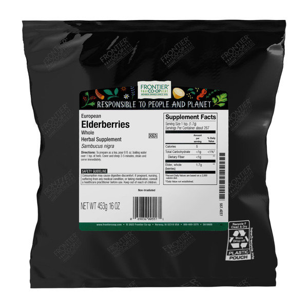 Frontier Co-op Dried Elderberries, 1lb Bulk Bag, European Whole | Kosher and Non-GMO Elderberry Dried Fruit for Powder, Tea, Immune Support
