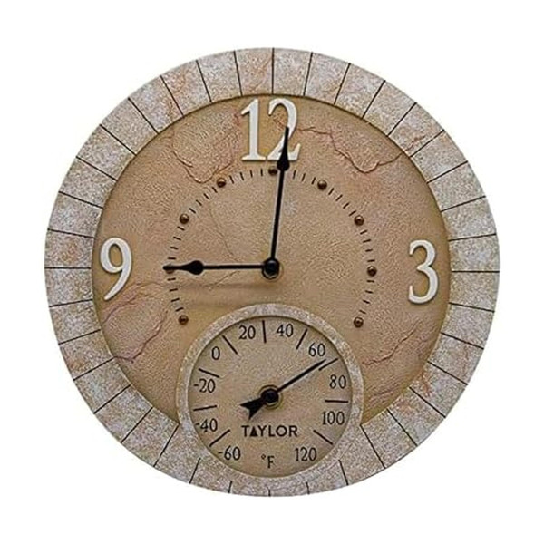Taylor Terra Cotta Poly Resin Indoor and Outdoor Clock and Thermometer, Home Decor for Garden, Patio, Pool, and Indoor Areas, 14-inch, Multi-Color