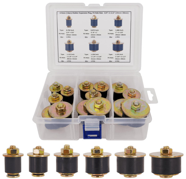 Dsnaduo 6 Sizes (14pcs) Neoprene Rubber Expansion Plug 3/4" 7/8" 1" 1-1/8" 1-1/4" 1-3/8", Automotive Rubber Freeze Frost Plug Fit Hole Size: 3/4"~1-1/2" (19mm~38mm)