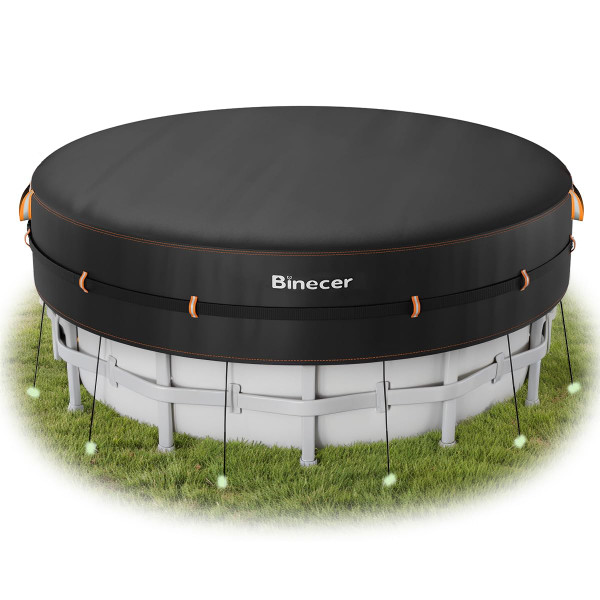 Binecer 18 Ft Round Pool Cover, Solar Pool Covers for Above Ground Pools with Reflective Strips, Swimming Pool Cover with Drawstring, Luminous Ground Nails, PU Coated for UV Protected