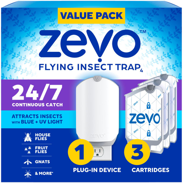 Zevo Flying Insect Trap & 3 Refill Cartridges - Plug in Fly Trap & Indoor Bug Catcher for Gnats, House & Fruit Flies - Blue & UV Light Technology, Mess-Free Alternative to Bug Zapper