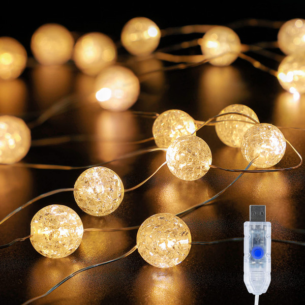 BEEWIN Globe String Lights,10FT 30 LED Decorative Christmas Lights,8 Modes Crystal Crackle Ball Lights,USB Twinkle Fairy Lights for Bedroom,Indoor,Outdoor,Classroom,Wedding,Party,Garden,Warm White