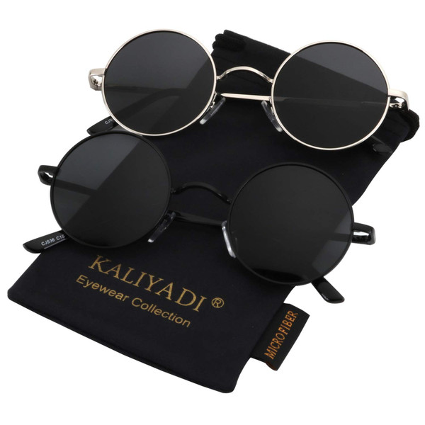 KALIYADI Round Polarized Sunglasses for Men Women Retro Metal Hippie Circle Style Sun Glasses UV Protection (2 Pack) 47mm