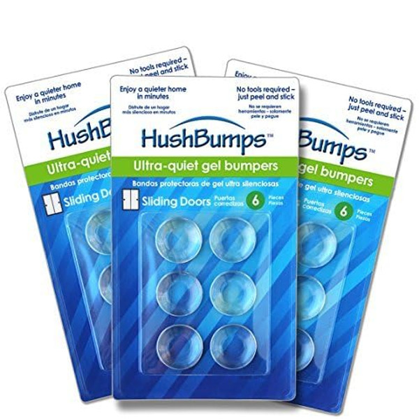 HushBumps Ultra-Quiet Bumpers 3-Pack for Sliding and Pocket Doors. Superior to Common Rubber Bumpers. Easy Peel & Stick, No Tools Installation. Provides Soft & Quiet Close. 18 pcs. HushBumps Ultra-Quiet Bumpers 3-Pack for Sliding and Pocket Doors. Superior to Common Rubber Bumpers. Easy Peel & Stick, No Tools Installation. Provides Soft & Quiet Close. 18 pcs.