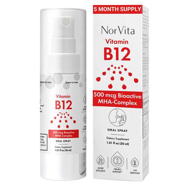 NorVita Vitamin B12 Spray 500 mcg (150 Servings) - Quick Absorption MHA Complex (Methylcobalamin, Hydroxycobalamin, Adenosylcobalamin) - Vegan, Non-GMO, Liquid B12 Supplement