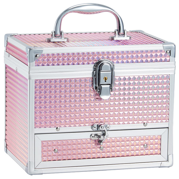 Hododou Girls Jewelry Box Organizer with Drawer & Mirror, Shiny Pink Style Lockable Storage Case for Kid or Little Girls Jewelry and Hair Accessories