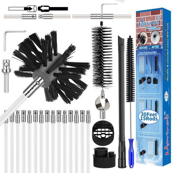 30 Feet Dryer Vent Cleaning Kit Chrome Button Locking System Dryer Vent Cleaning System Dryer Vent Cleaner Kit Vacuum Attachment Dryer Vent Nozzle Hose Attachment Vacuum Adapter Dryer Adapter