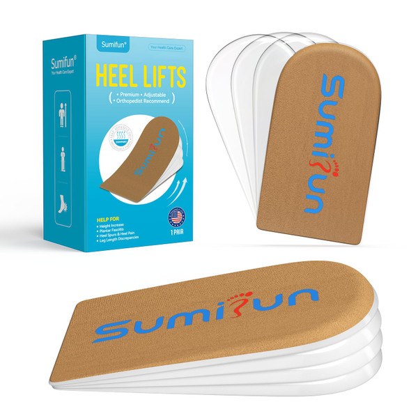 Sumifun Heel Lift, 4-Layer 1 Inch Gel Shoe Lifts for Women Uneven Legs, Adjustable Orthopedic Heel Lifts for Heel Pain and Leg Length Discrepancy, Heel Wedge Inserts 1/4" 1/2" 3/4" (Size S, Brown)