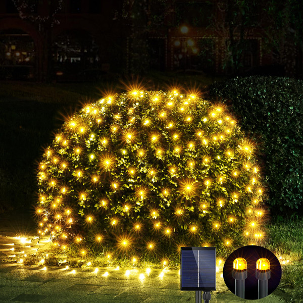 WBao Solar Christmas Net Lights 200LED F8 Big Bulbs, 8.4ft x 5.2ft Christmas Bushes Lights with Remote Control, 8 Modes, Timer, Waterproof for Lawn, Bushes, Trees Outdoor Xmas Decorations, Warm White