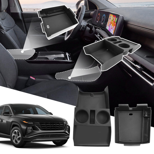 SXCY 2PCS for 2025 Hyundai Tucson Center Console Organizer for 2025 Hyundai Tucson (Limited) Accessories Under Console Cup Holder Tray for 2025 Tucson Armrest Console Organizer(Under+Armrest)