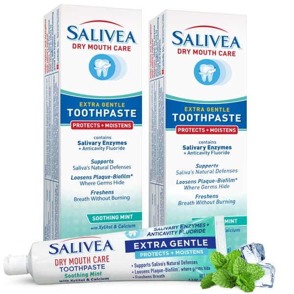 SALIVEA Gentle Toothpaste for Dry Mouth Care, 4.3 oz Tube, 2 Pack, Anticavity with Fluoride, Natural Salivary Enzymes, Vitamin E & Aloe Vera, Cleans, Moisturizes & Refreshes Breath, Soothing Mint