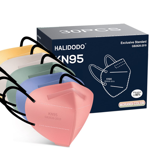 HALIDODO KN95 Face Masks, 30 Packs Individually Wrapped 5-Plyer Cup Dust Face Masks, Breathable Mask for Women Men, Morandi Color
