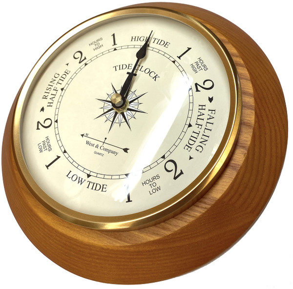 West & Company Solid Oak Tide Clock with Convex Glass Lens and Stained Finish, 8" Nautical Beach Décor