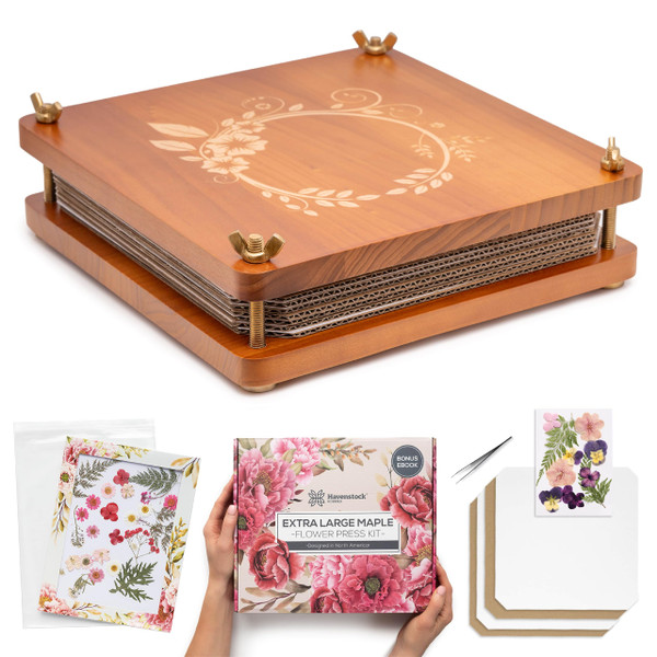 Premium Extra Large Wooden Flower Press for Adults - Solid Maple Wood Flower Pressing Kit for Adults with Storage System - Plant Preservation Kit - 10 Layers - DIY Arts and Craft Kit