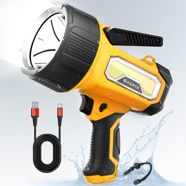 FORTO Rechargeable Spotlight, 200000 Lumens Handheld Spot Light with Foldable Stand, 6 Modes IPX7 Waterproof LED Spot Lights for Walk The Dog Hunting Camping Hiking Boating (Yellow)